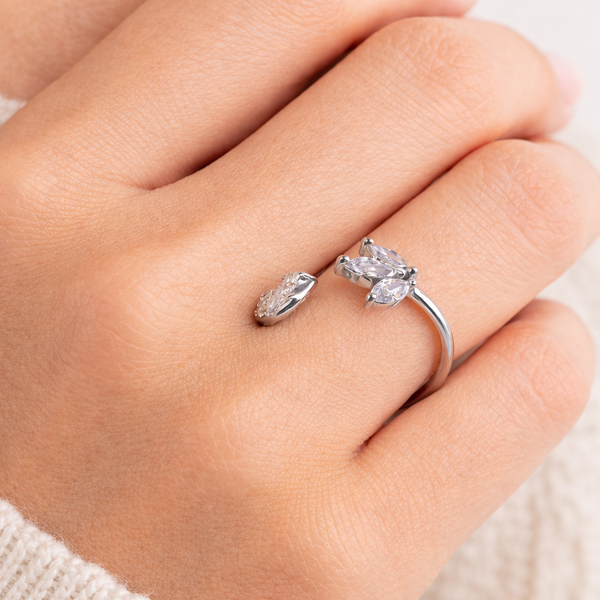 925 Sterling Silver Floral CZ Adjustable Ring for Women