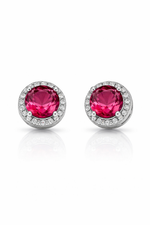 Load image into Gallery viewer, Sterling Silver Ruby Pink Stud Earrings with Halo Zircon