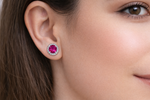 Load image into Gallery viewer, Sterling Silver Ruby Pink Stud Earrings with Halo Zircon