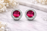 Load image into Gallery viewer, Sterling Silver Ruby Pink Stud Earrings with Halo Zircon