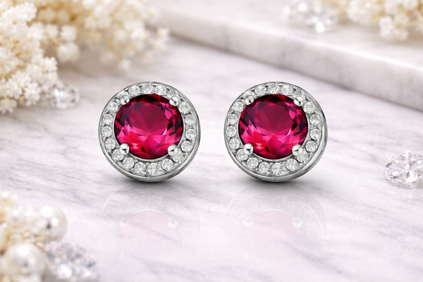 Sterling Silver Ruby Pink Stud Earrings with Halo Zircon