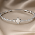 Load image into Gallery viewer, 925 Sterling Silver Kada with Clover & Diamond-Cut CZ Accents – Elegant Women’s Bangle - SILVER OCEAN 925 Sterling Silver Kada with Clover & Diamond-Cut CZ Accents – Elegant Women’s Bangle