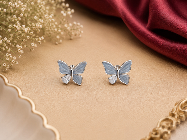 925 Sterling Silver Butterfly Stud Earrings with Blue Enamel & CZ Stone