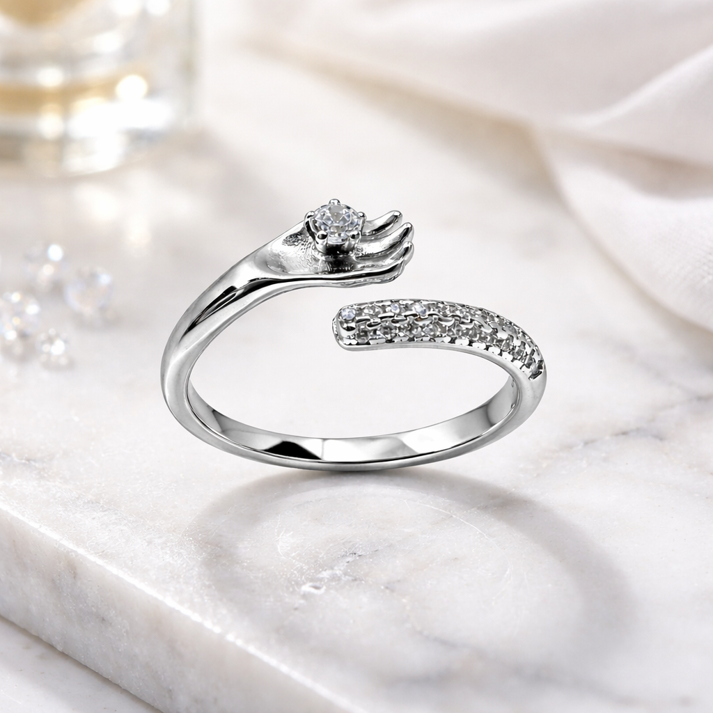 Sterling Silver Hand Motif Cubic Zirconia Adjustable Ring