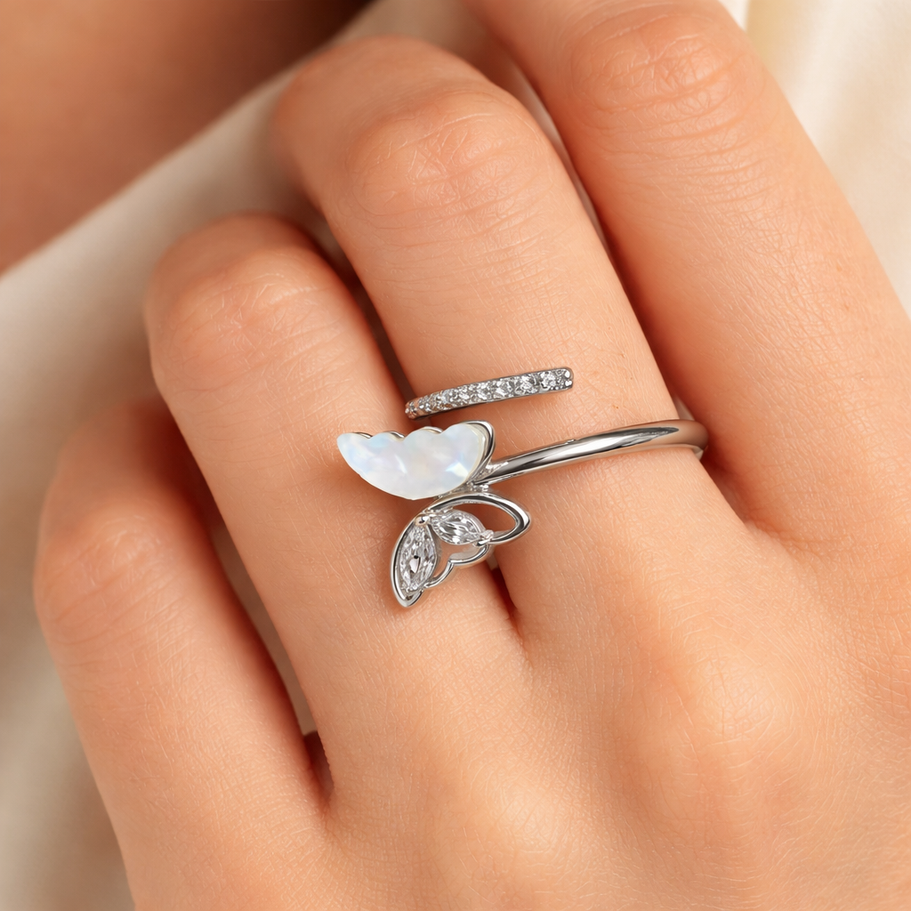 Elegant Butterfly Sterling Silver Ring with CZ & Mother of Pearl
