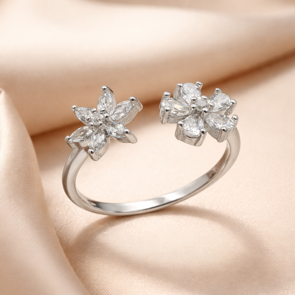 925 Sterling Silver Floral CZ Adjustable Ring
