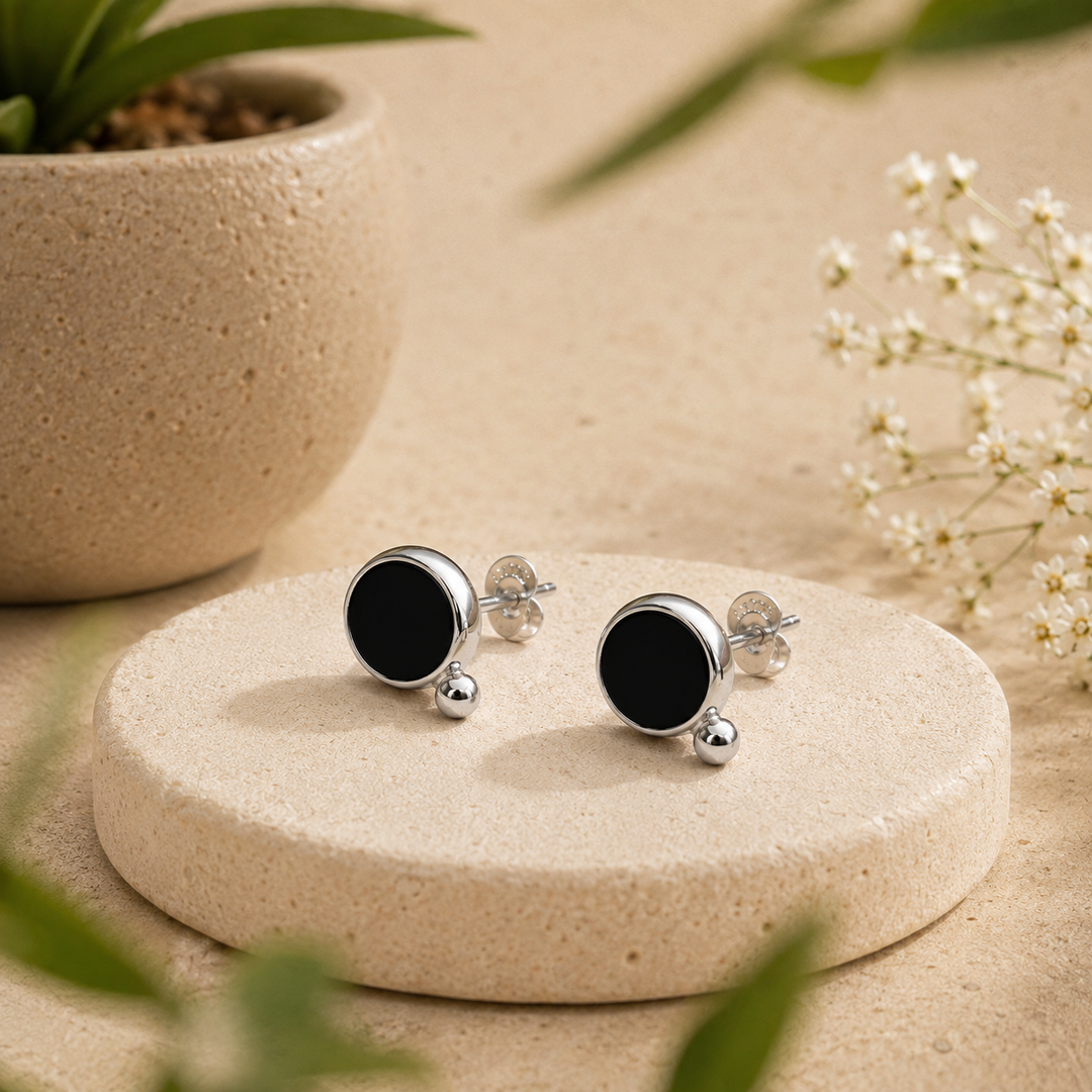 Black Round Stone Drop Stud Earrings