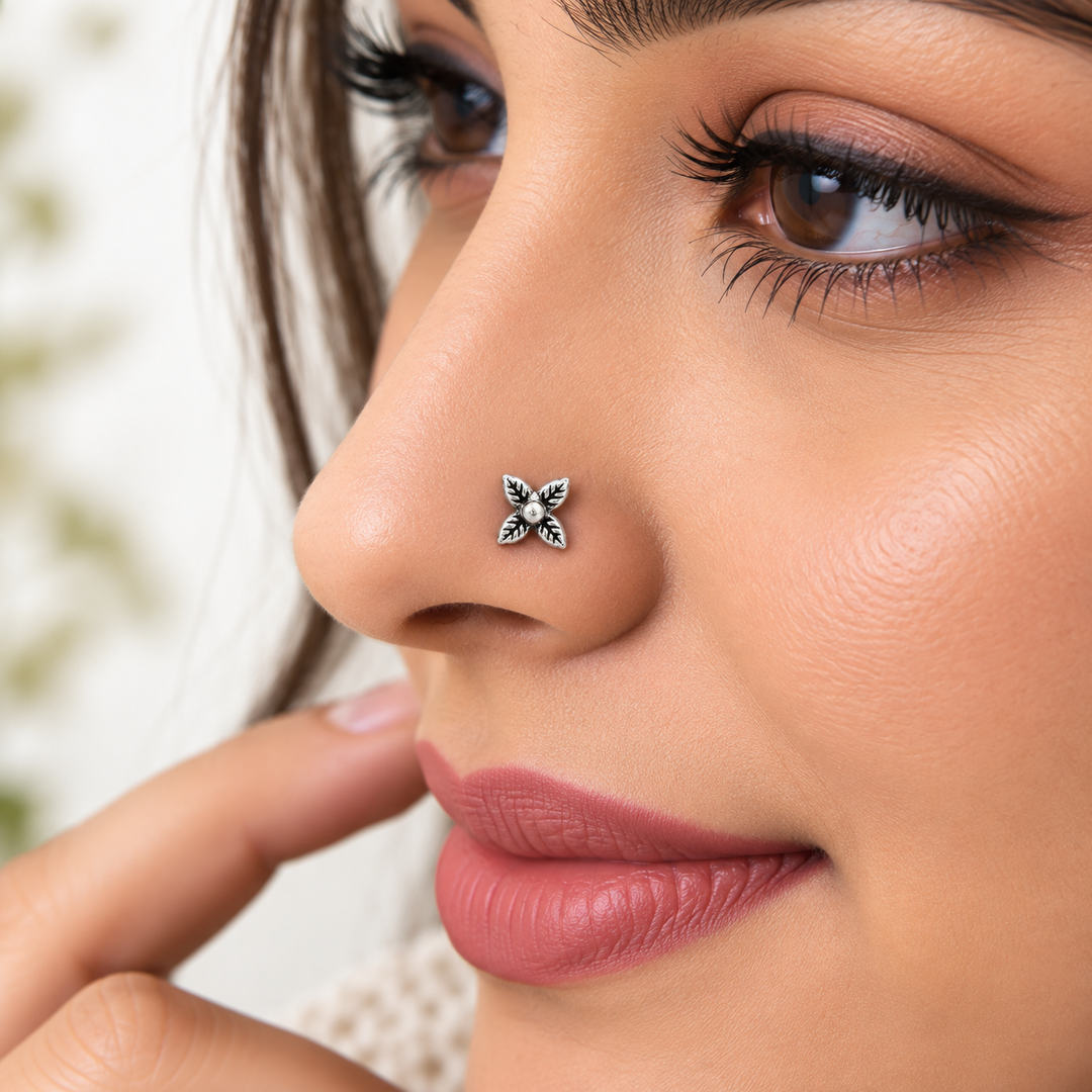 Oxidised Four Leaf Floral Nose Pin