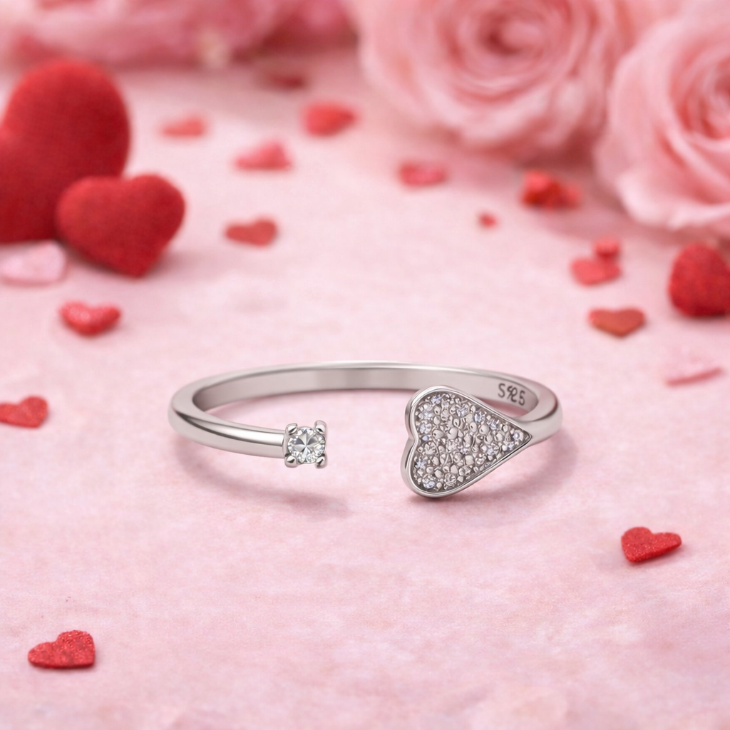 Sparkling Heart CZ Open Silver Ring