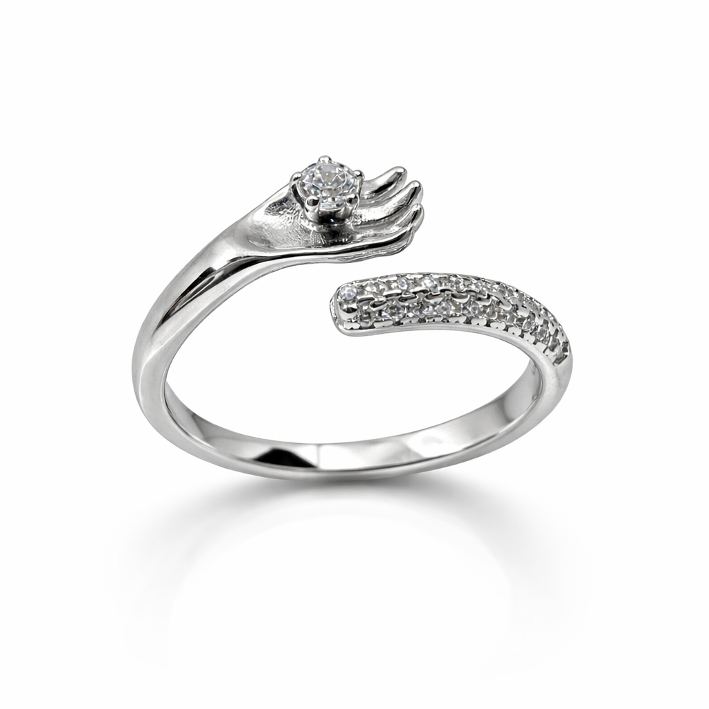 Sterling Silver Hand Motif Cubic Zirconia Adjustable Ring