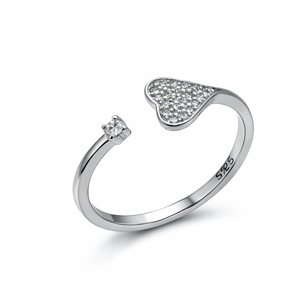Sparkling Heart CZ Open Silver Ring