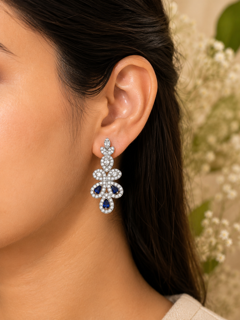 925 Sterling Silver Blue Sapphire Floral Drop Earrings