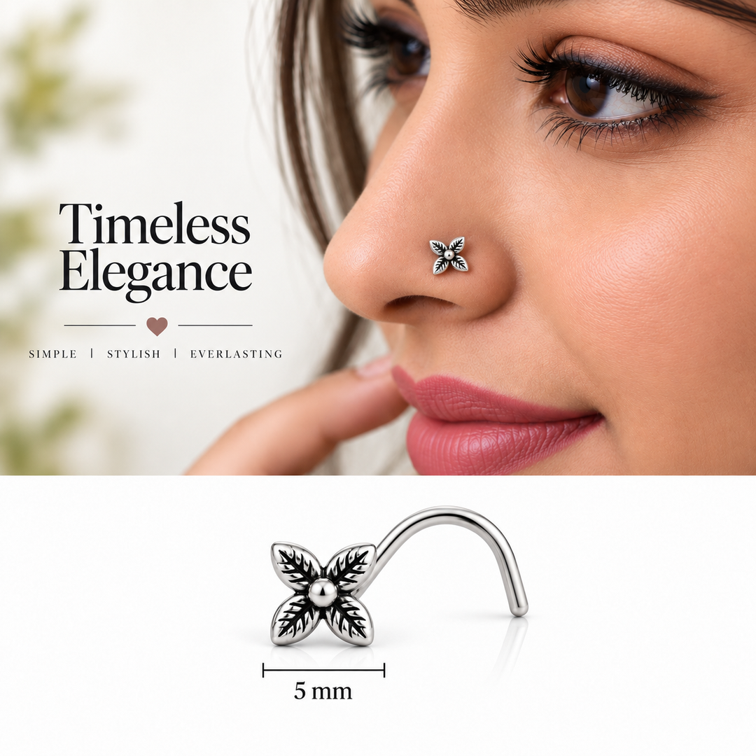 Oxidised Four Leaf Floral Nose Pin