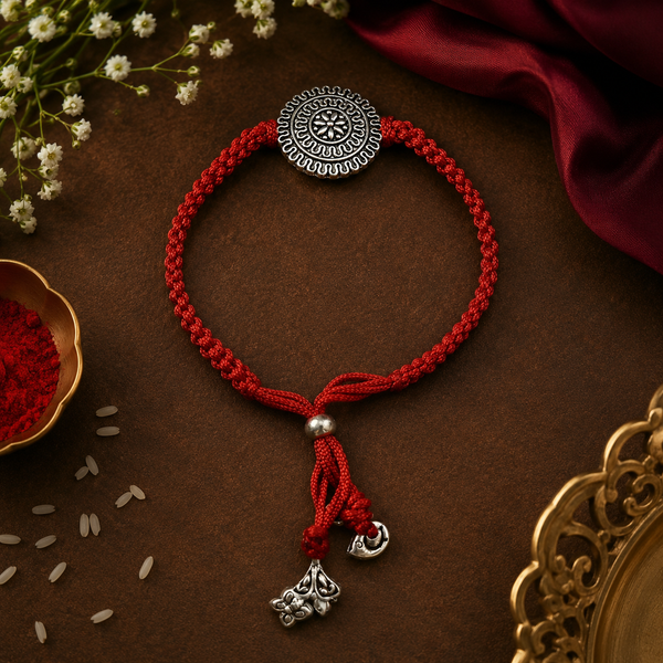 Raksha By Silver Ocean | Traditional Oxidised Floral Silver Rakhi