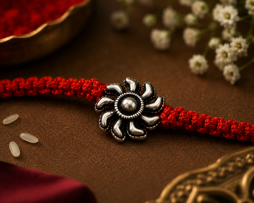 Raksha By Silver Ocean | Oxidised Floral Charm Silver Rakhi