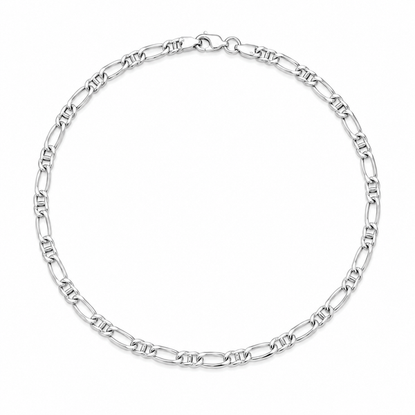 Close-up of a 925 Sterling Silver Figaro chain necklace with a polished finish, showing the link pattern and lobster clasp.