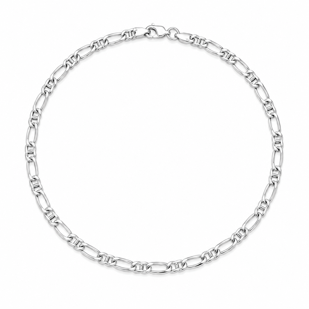 Close-up of a 925 Sterling Silver Figaro chain necklace with a polished finish, showing the link pattern and lobster clasp.