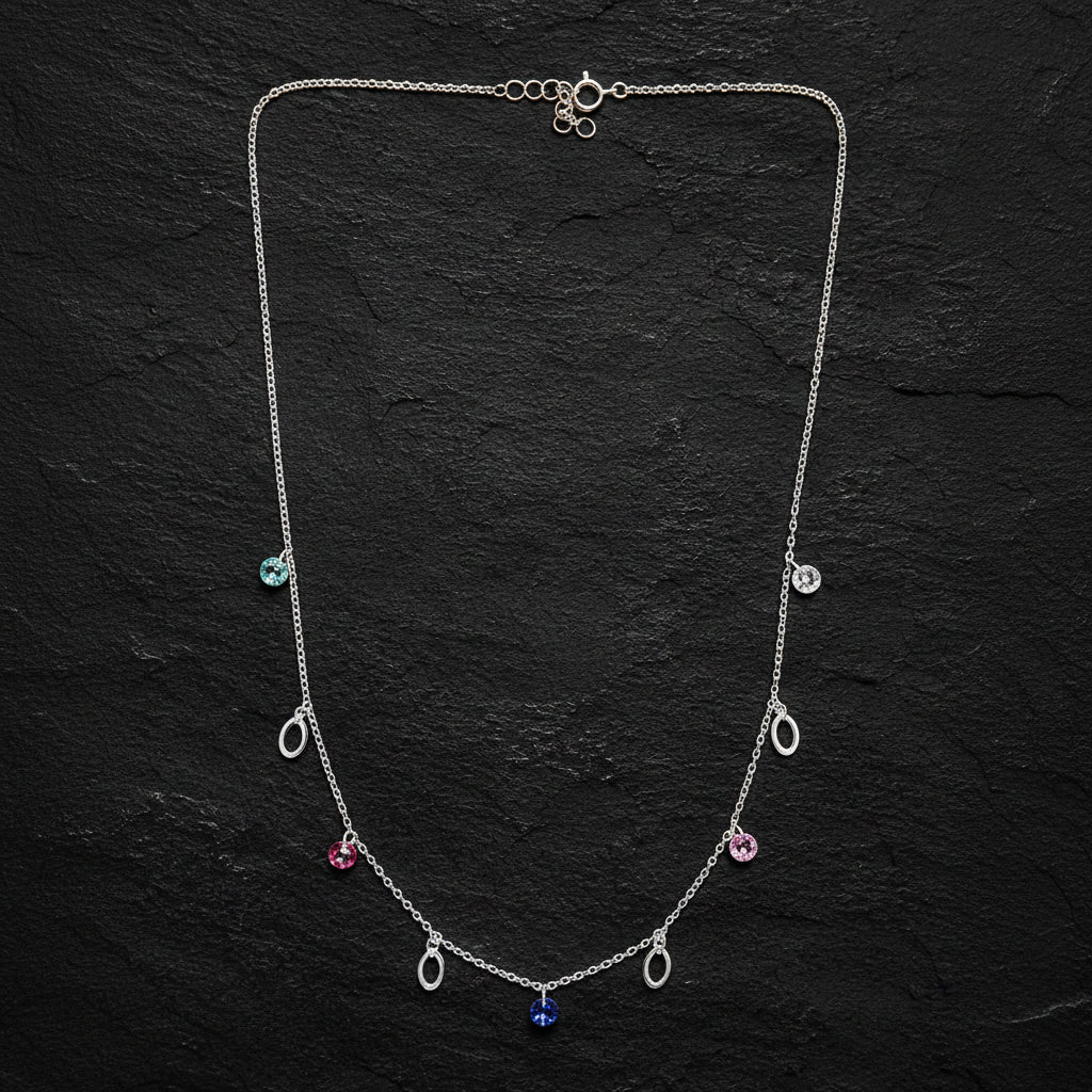 925 Sterling Silver Multicolor Crystal & Oval Charm Necklace