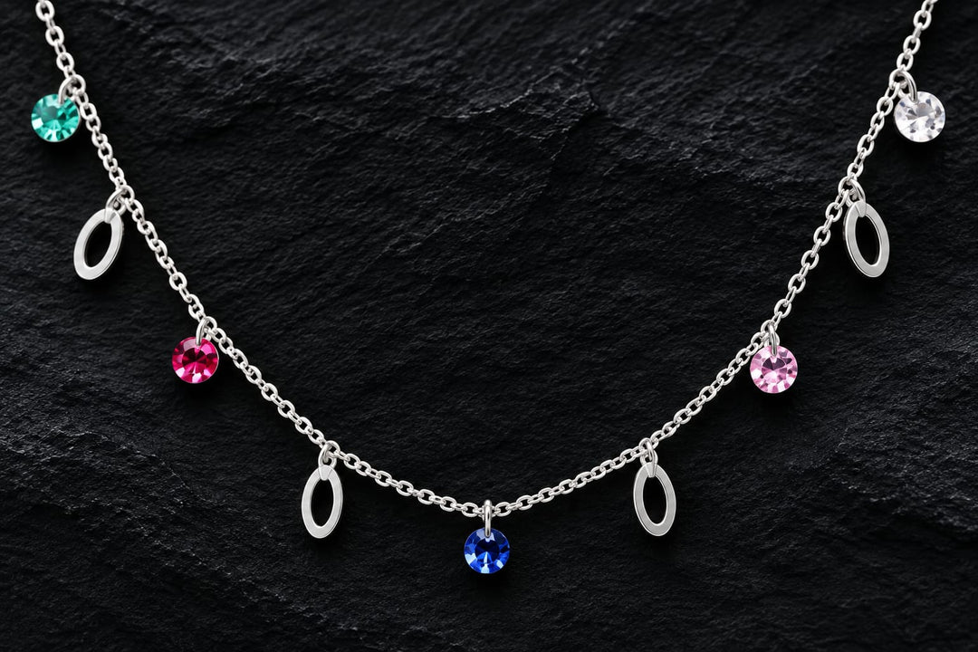 925 Sterling Silver Multicolor Crystal & Oval Charm Necklace