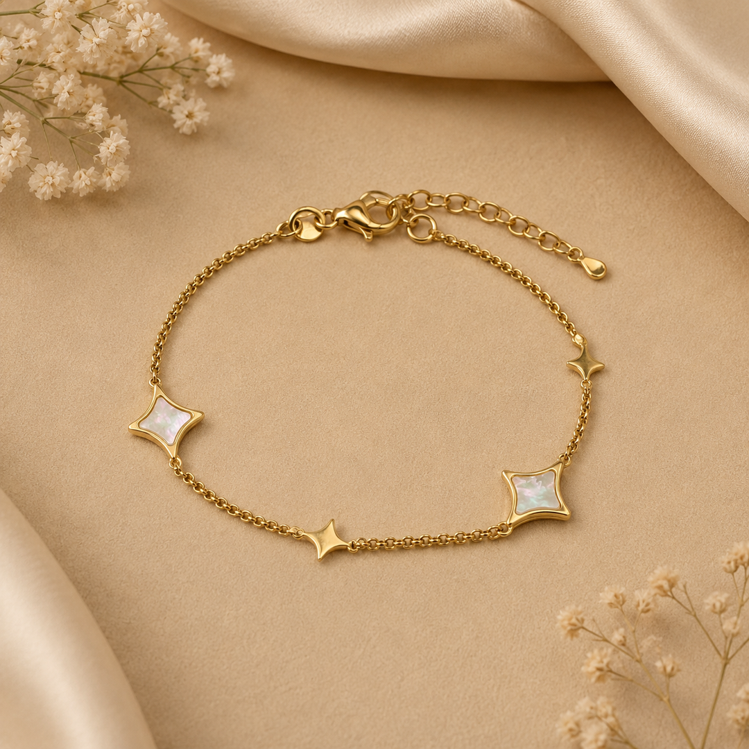 925 Sterling Silver Gold Plated Mother of Pearl Charm Bracelet for Women