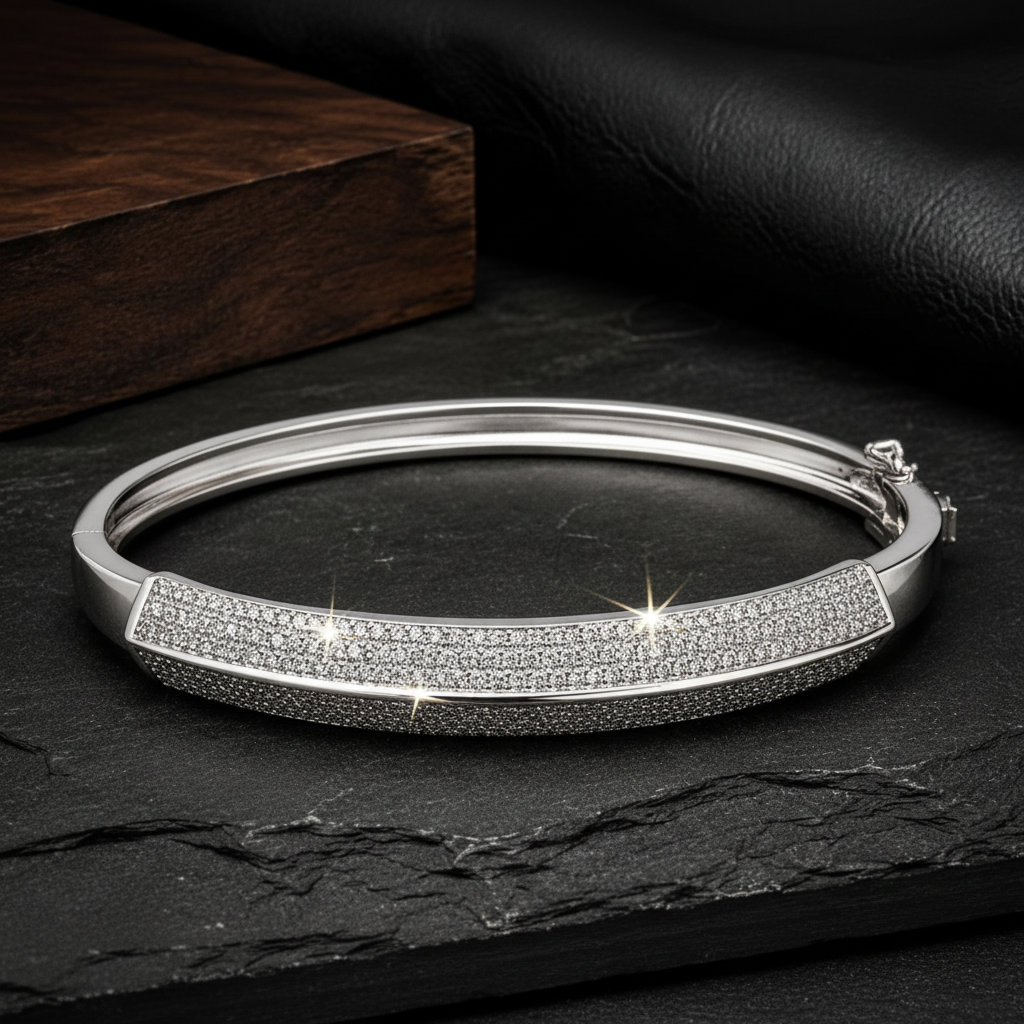 925 Sterling Silver Pavé Bar Kada for Men | Rhodium Finish