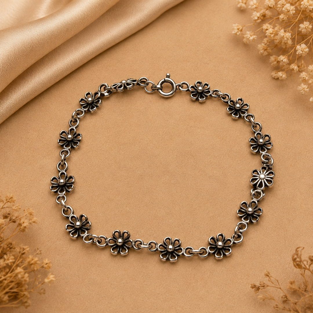 925 Sterling Silver Oxidised Floral Chain Bracelet for Women