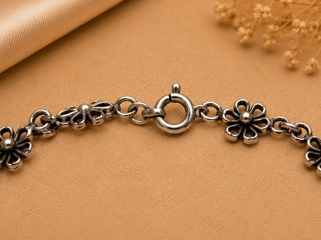 925 Sterling Silver Oxidised Floral Chain Bracelet for Women