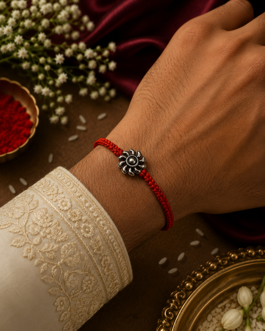 Raksha By Silver Ocean | Oxidised Floral Charm Silver Rakhi