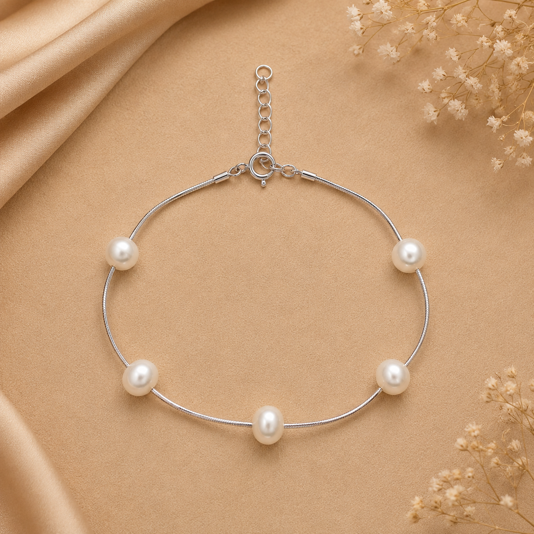925 Sterling Silver Freshwater Pearl Snake Chain Bracelet for Women