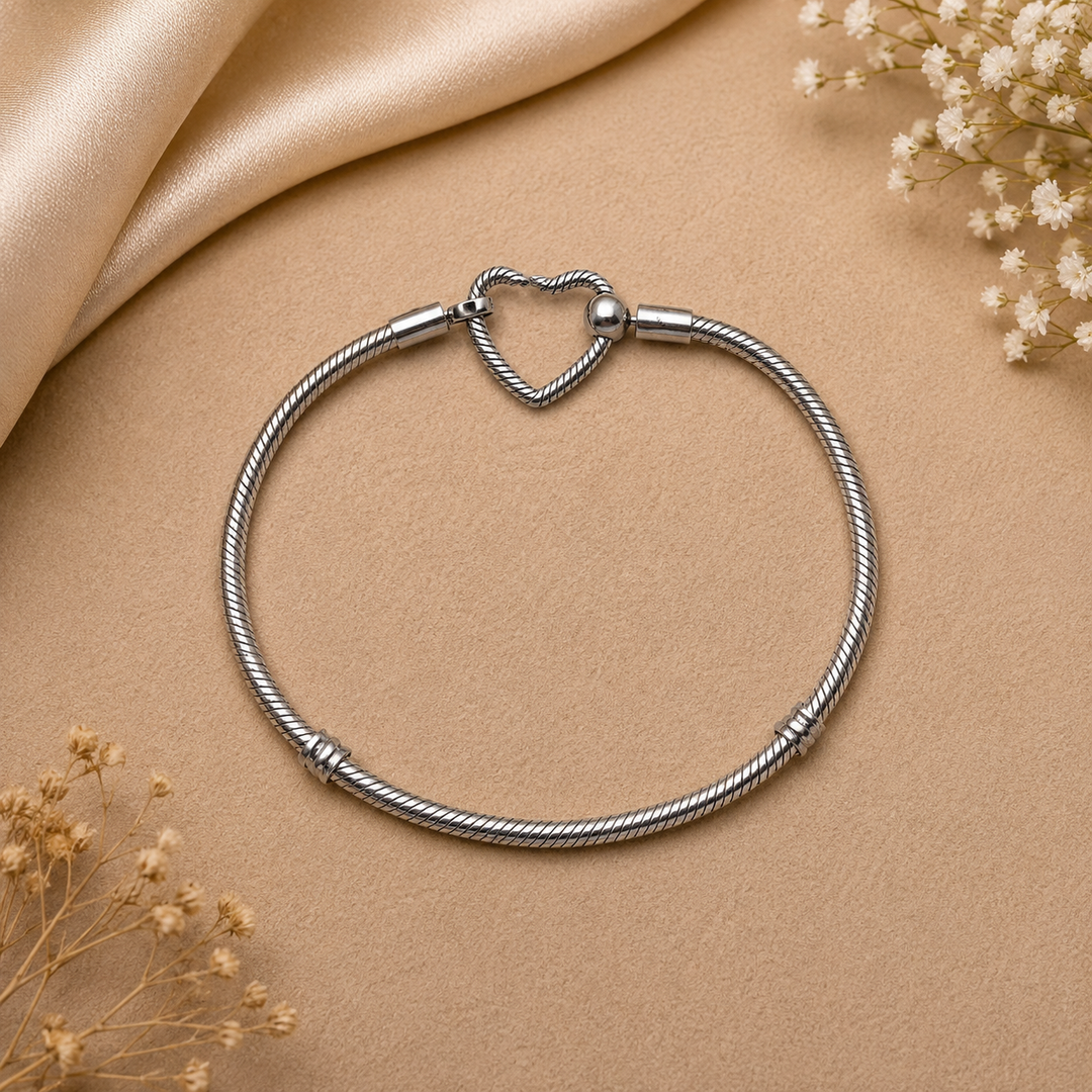 925 Sterling Silver Heart Clasp Snake Chain Charm Bracelet for Women