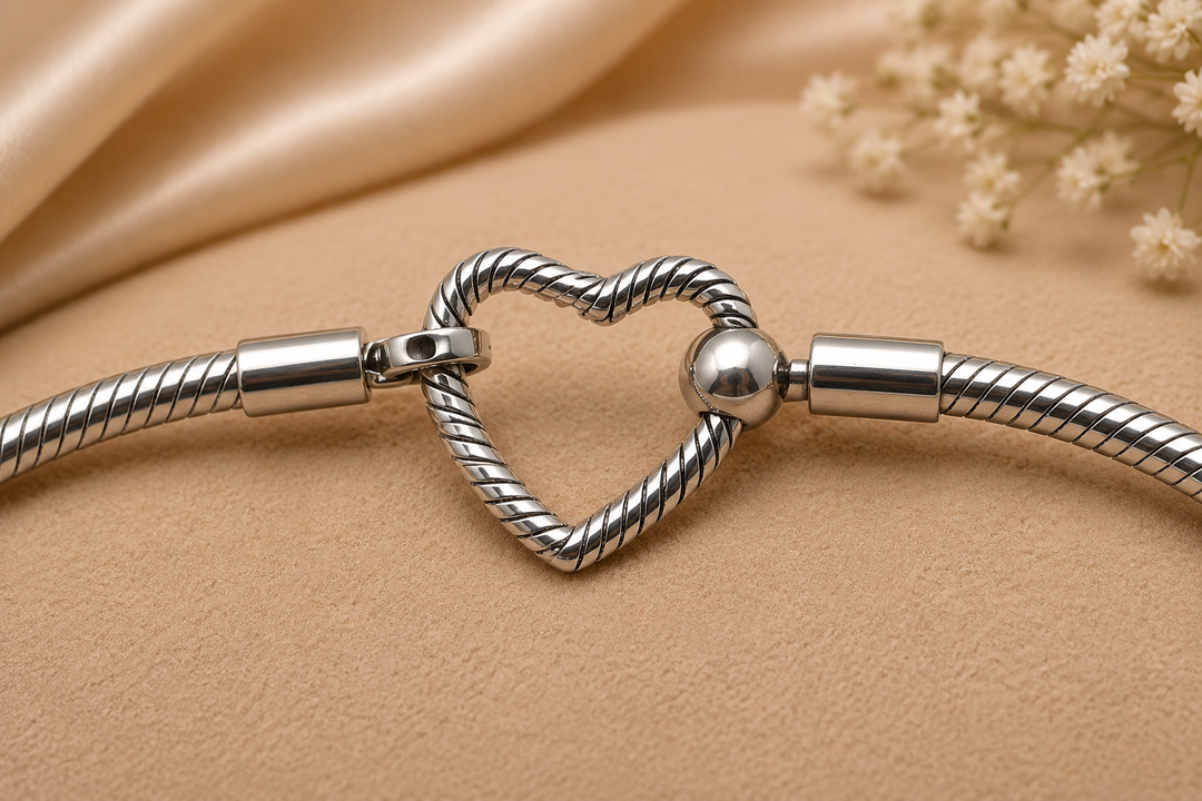 925 Sterling Silver Heart Clasp Snake Chain Charm Bracelet for Women