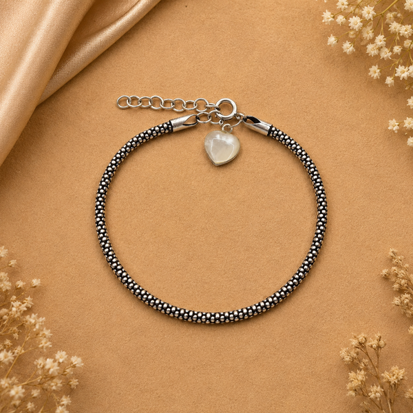 925 Sterling Silver Oxidised Beaded Bracelet for Women | Heart Charm