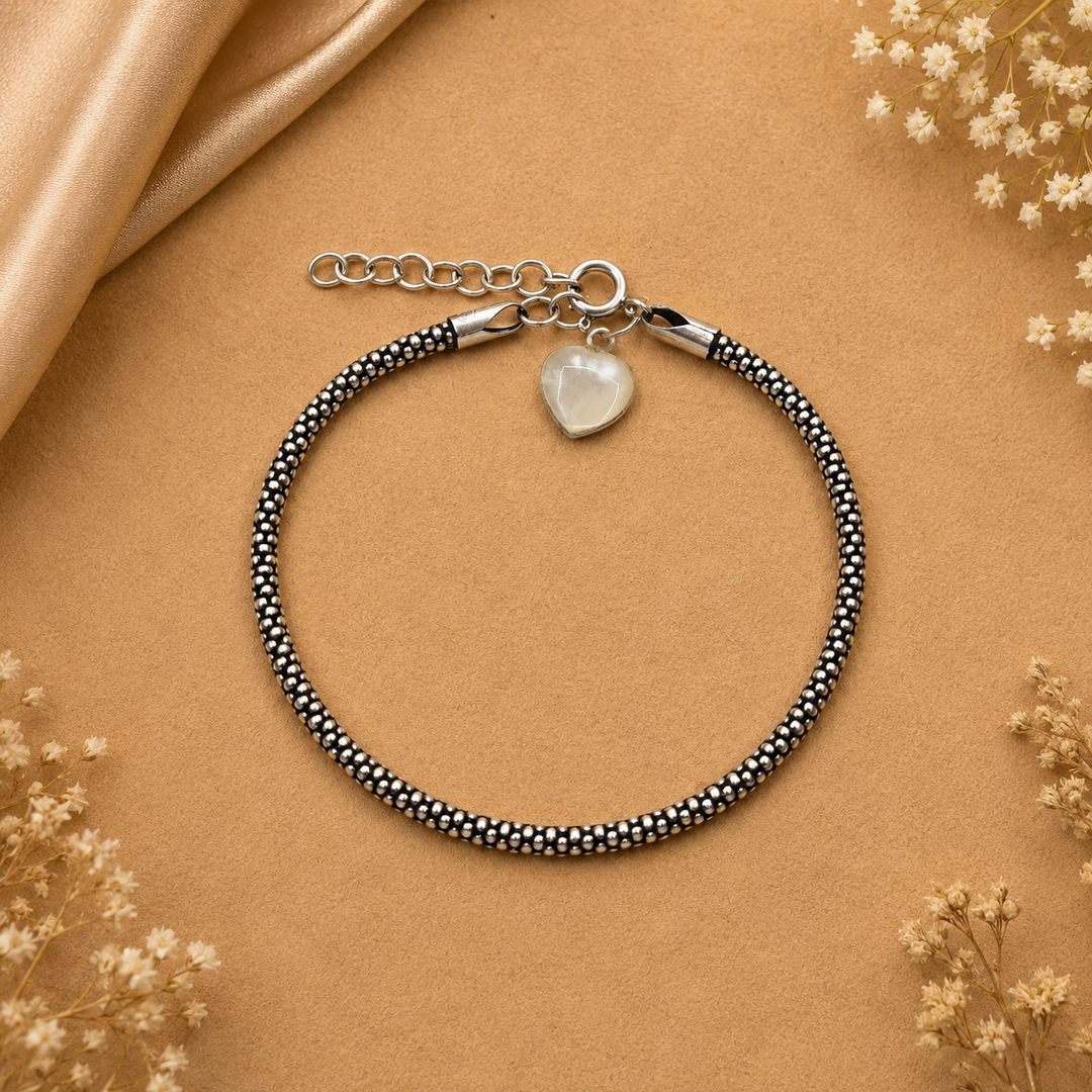 925 Sterling Silver Oxidised Beaded Bracelet for Women | Heart Charm