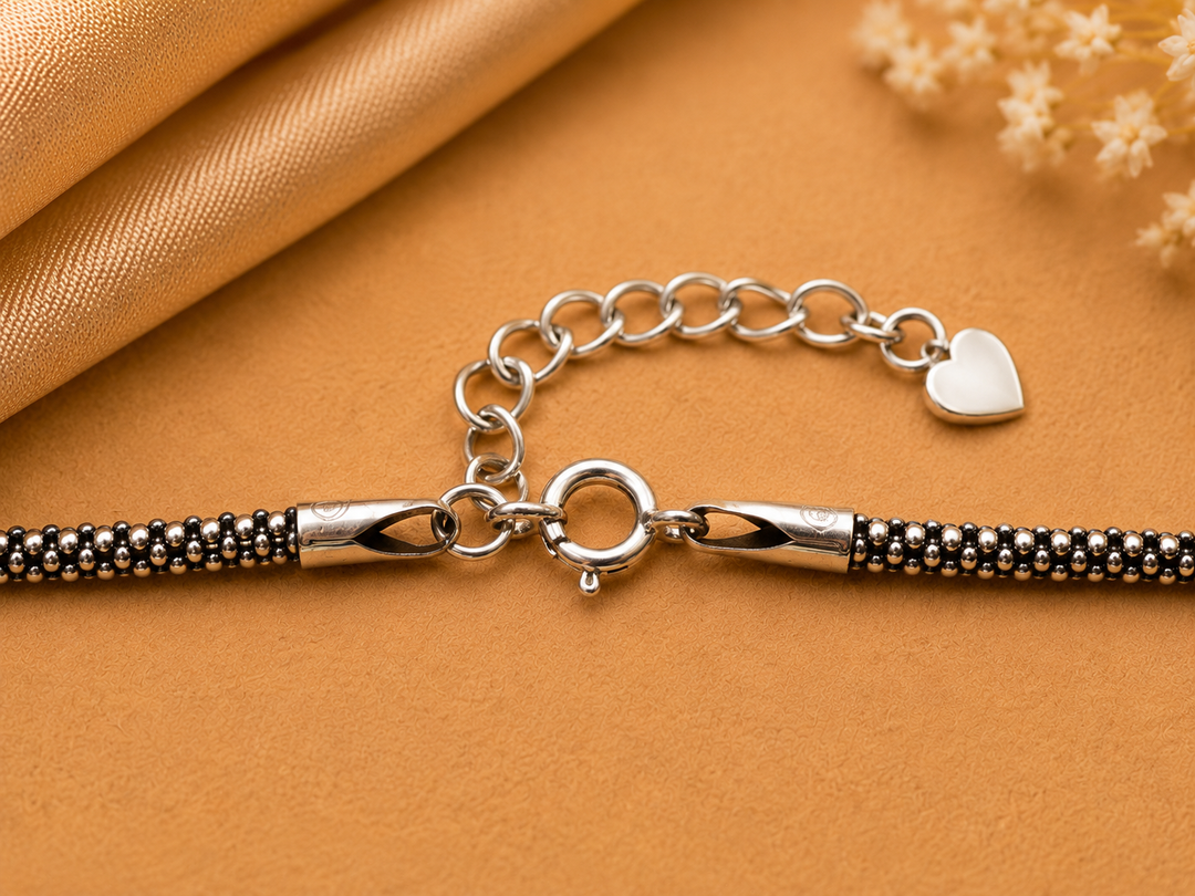925 Sterling Silver Oxidised Beaded Bracelet for Women | Heart Charm