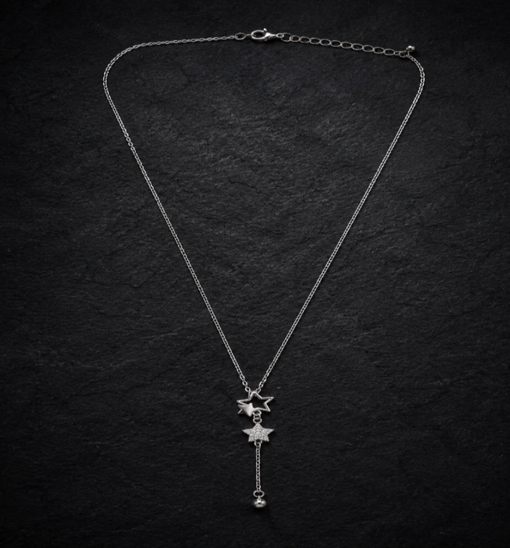 925 Sterling Silver Double Star Pendant Necklace