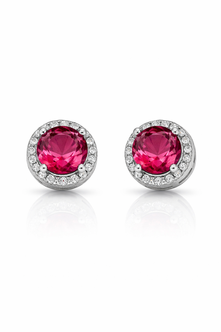 Sterling Silver Ruby Pink Stud Earrings with Halo Zircon