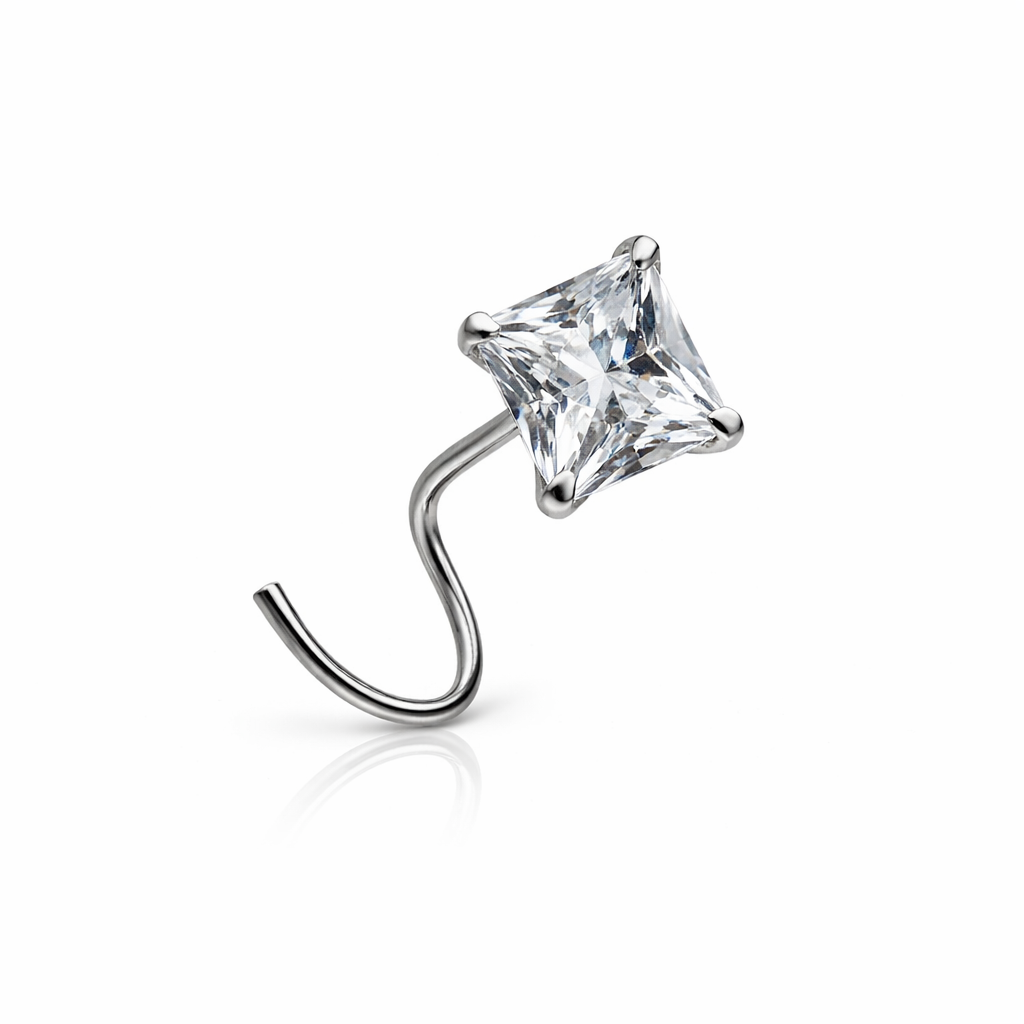 Square Cut Crystal Silver Nose Pin – Elegant Minimalist Stud for Women