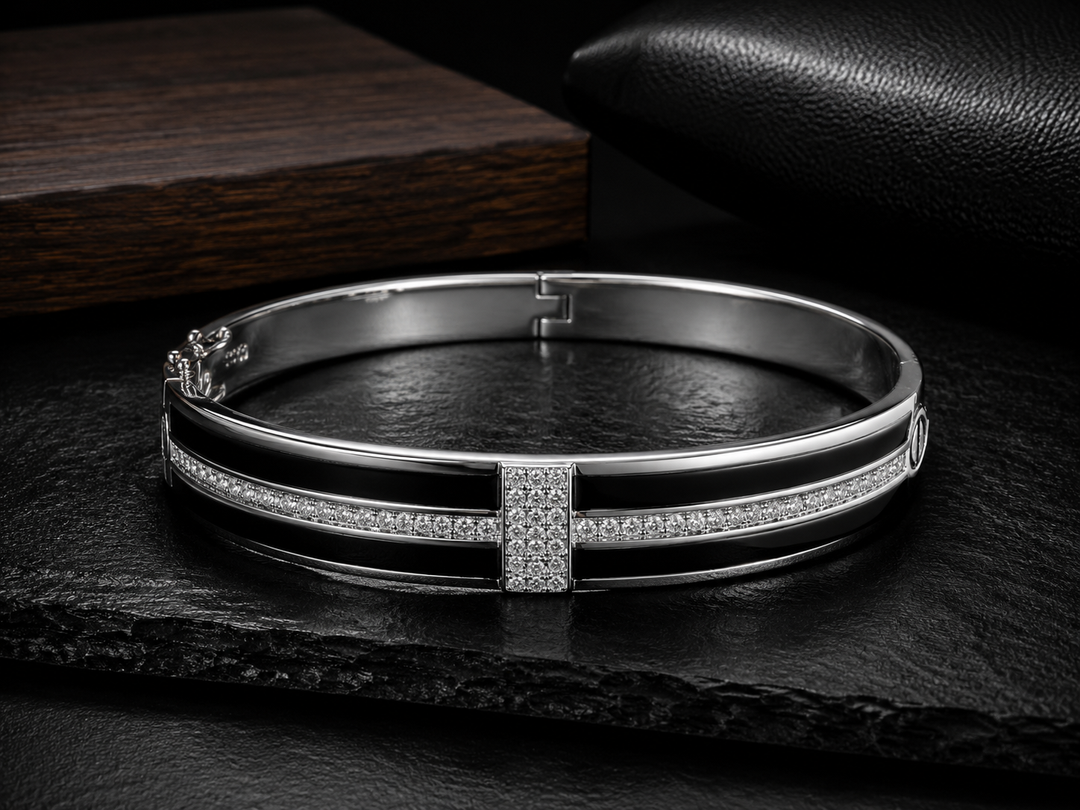 925 Sterling Silver Onyx Stripe Kada for Men