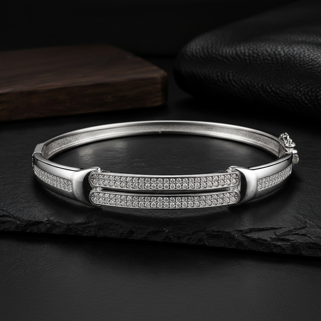 925 Sterling Silver Prestige CZ Kada for Men | Rhodium Finish