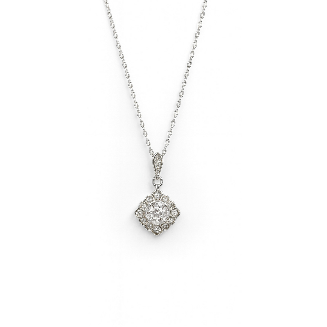 Floral Cluster Diamond Pendant 925 Silver Necklace Silver Ocean Floral Cluster Diamond Pendant 925 Silver Necklace