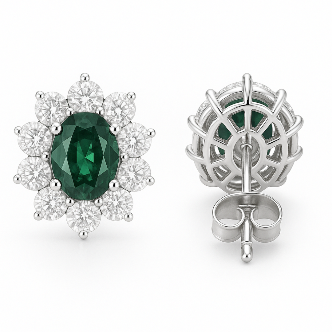 silver Luxury Green Emerald & Diamond Halo Stud Earrings - SILVER OCEAN silver Luxury Green Emerald & Diamond Halo Stud Earrings