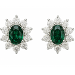 Load image into Gallery viewer, silver Luxury Green Emerald &amp; Diamond Halo Stud Earrings - SILVER OCEAN silver Luxury Green Emerald &amp; Diamond Halo Stud Earrings