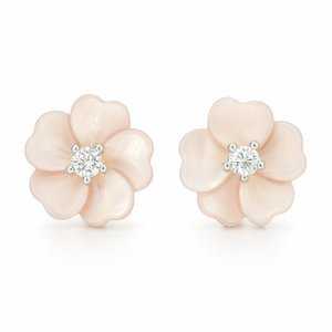Silver delicate Pink Floral Stud Earrings with Shimmering Center Stone