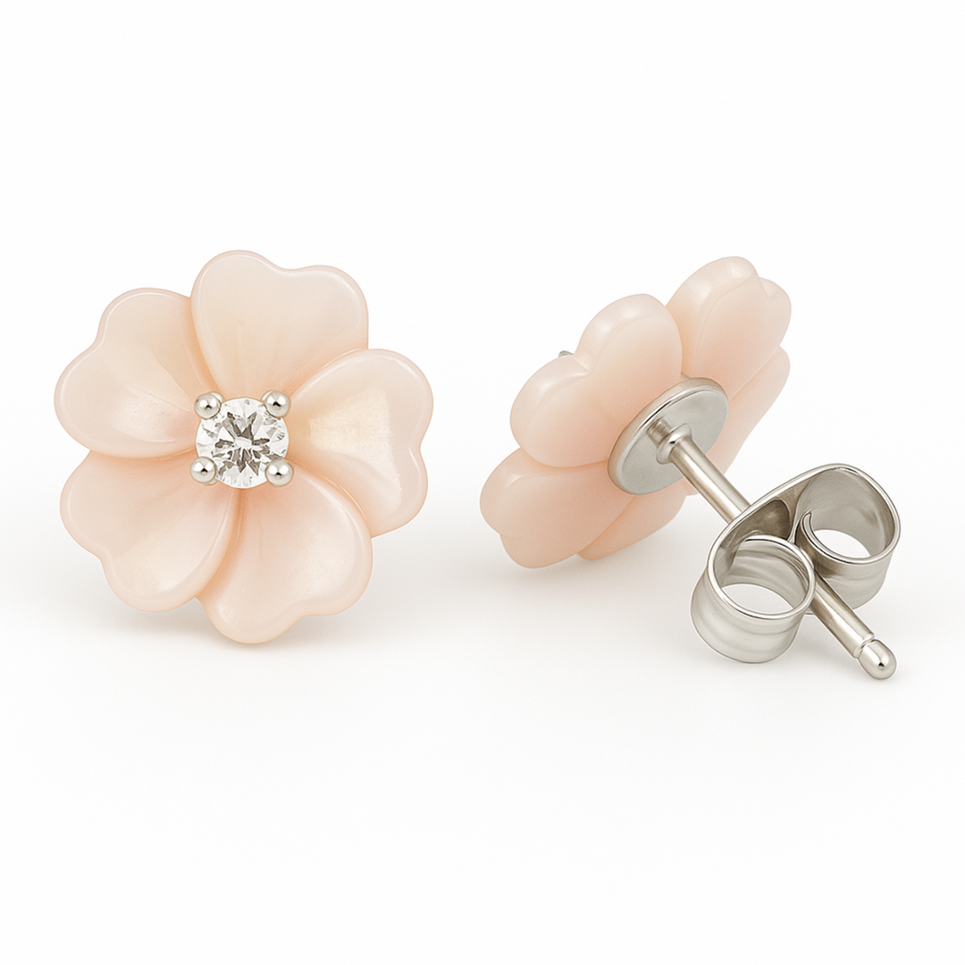 Silver delicate Pink Floral Stud Earrings with Shimmering Center Stone - SILVER OCEAN Silver delicate Pink Floral Stud Earrings with Shimmering Center Stone