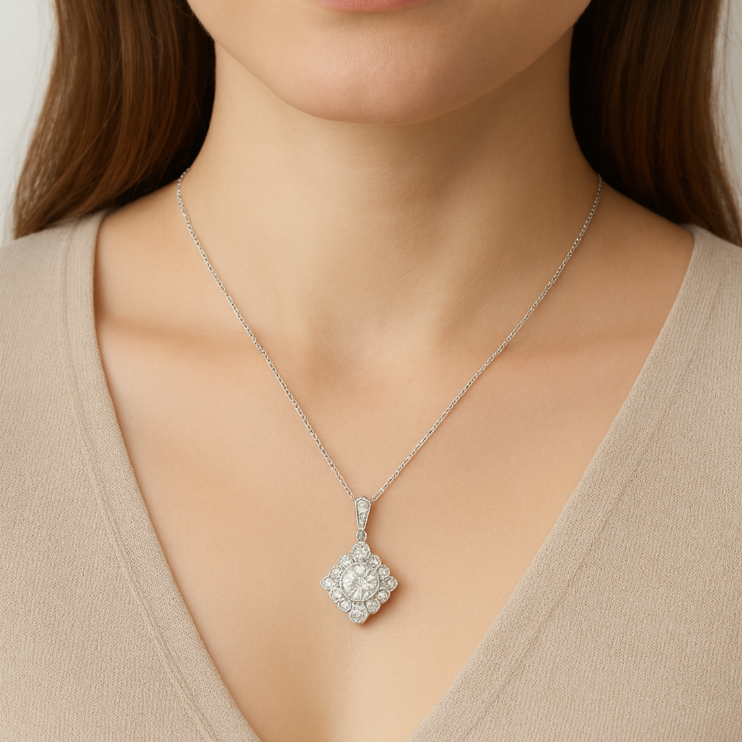 Floral Cluster Diamond Pendant 925 Silver Necklace Silver Ocean Floral Cluster Diamond Pendant 925 Silver Necklace
