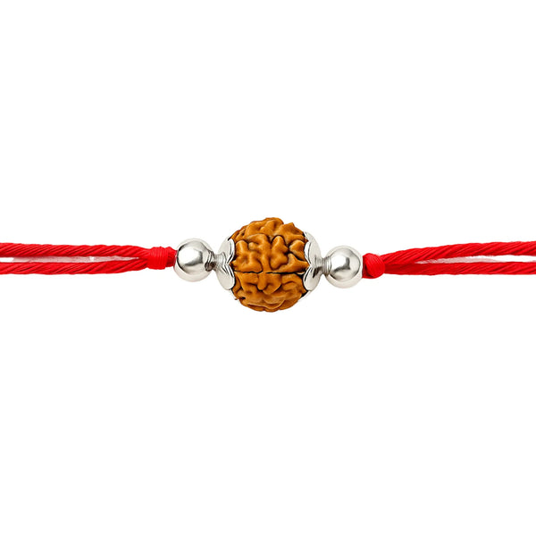 Elegant Rudraksha Silver Rakhi with Red Thread Silver Ocean Elegant Rudraksha Silver Rakhi with Red Thread