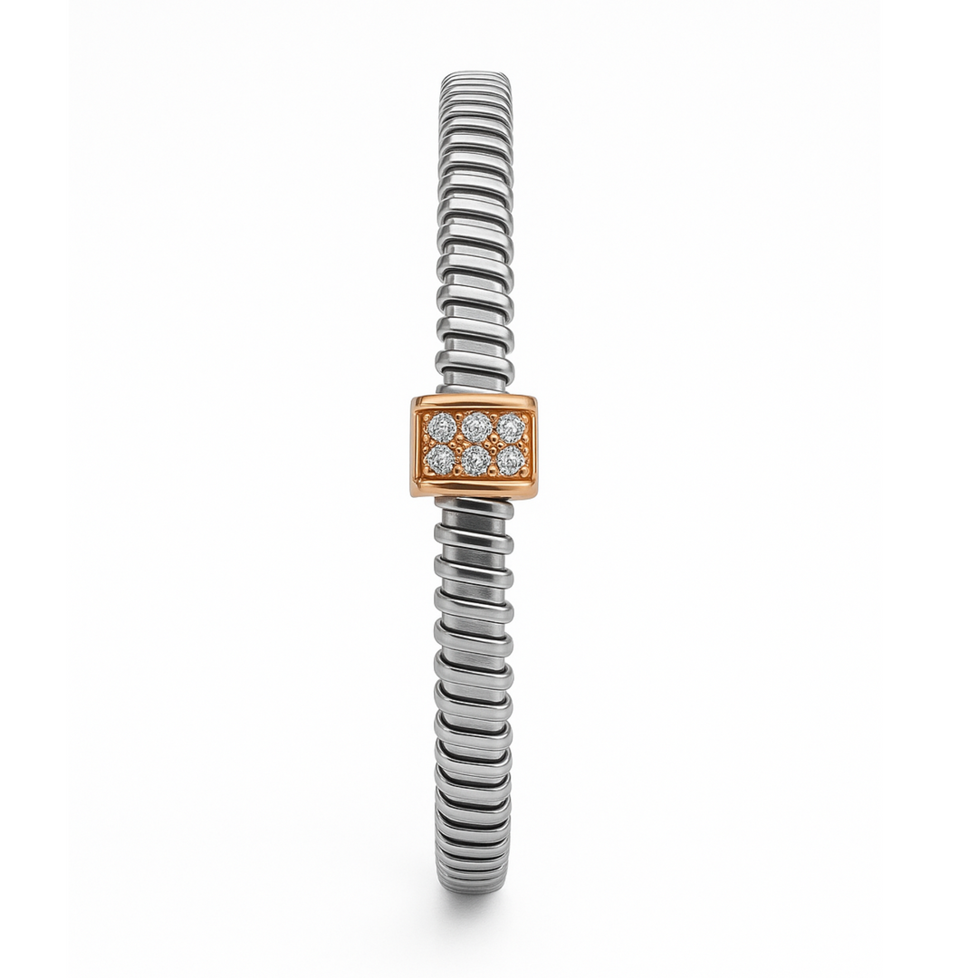 Elegant Silver Coil Kada with Rose Gold & CZ Detailing - SILVER OCEAN Elegant Silver Coil Kada with Rose Gold & CZ Detailing