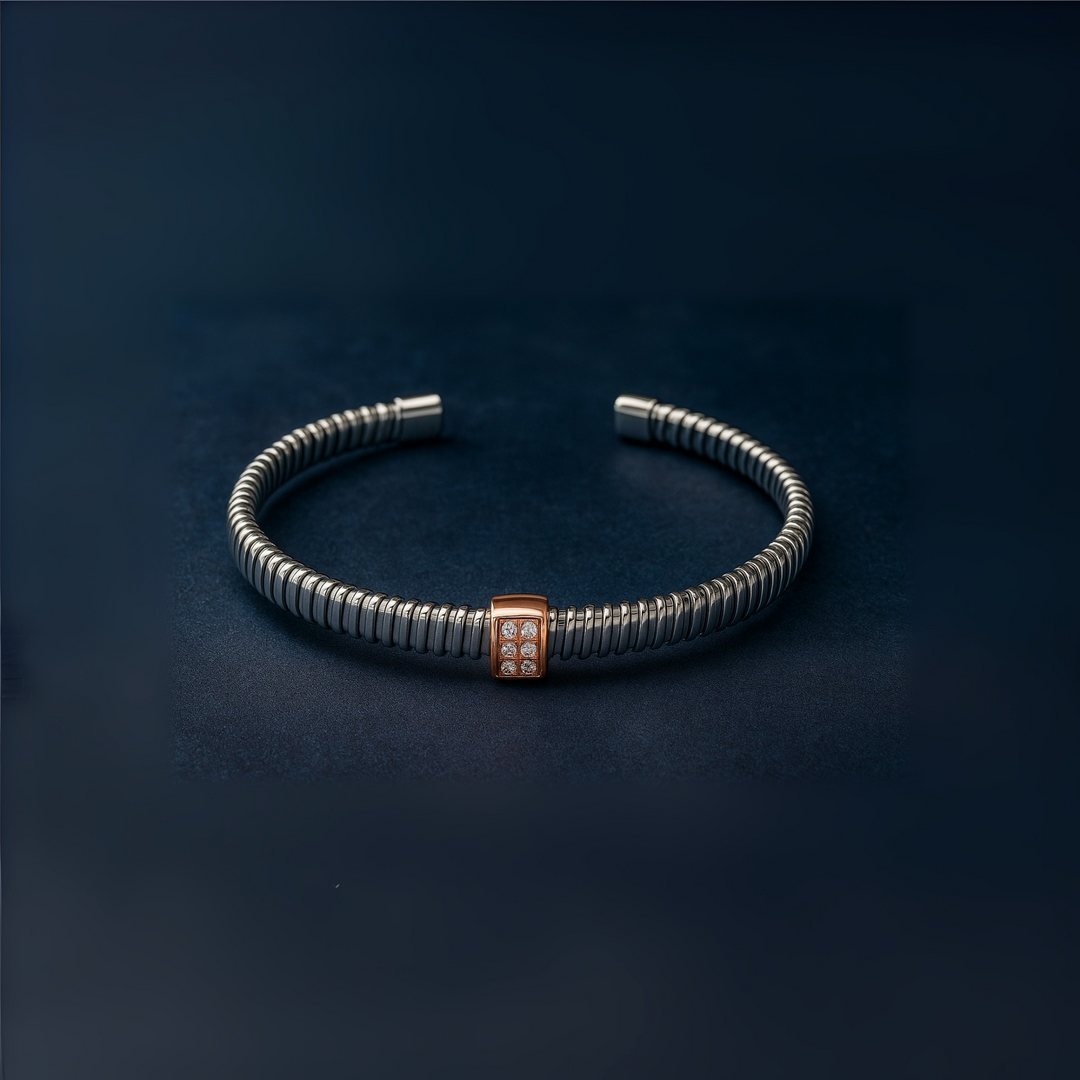 Elegant Silver Coil Kada with Rose Gold & CZ Detailing - SILVER OCEAN Elegant Silver Coil Kada with Rose Gold & CZ Detailing
