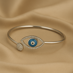 Load image into Gallery viewer, Evil Eye Open Silver Kada Bracelet with CZ Stones – Adjustable Cuff - SILVER OCEAN Evil Eye Open Silver Kada Bracelet with CZ Stones – Adjustable Cuff