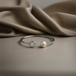 Load image into Gallery viewer, Minimalist Sterling Silver Kada with Pearl Accent – Open Circle Design Silver Ocean Minimalist Sterling Silver Kada with Pearl Accent – Open Circle Design